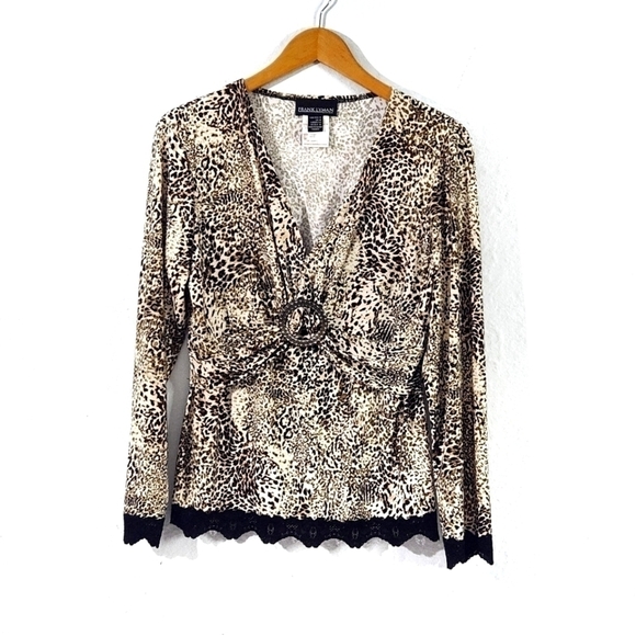 Vintage Frank Lyman Design Long Sleeve  Leopard Print Lace Hem - Picture 1 of 10